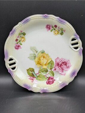 PK Silesia Königszelt Vintage Antique Double Handle Reticulated Cake Plate 9"